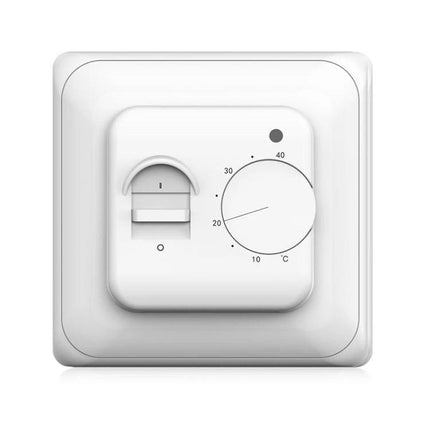Mechanical Thermostat for Room Floor Heating Temperature Control - white wall-mounted dial thermostat with adjustable temperature range and power switch