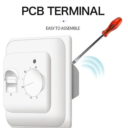 Mechanical Thermostat for Room Floor Heating Temperature Control - white wall-mounted mechanical thermostat with dial and easy-to-assemble PCB terminal