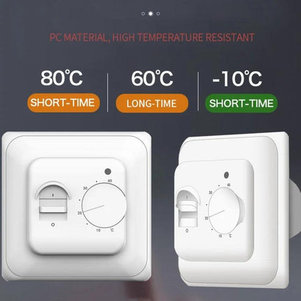 Mechanical Thermostat for Room Floor Heating Temperature Control wall-mounted white dial thermostat showing temperature range and durability labels