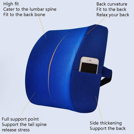 Office Waist Cushion Car Pillow Memory Foam Gel For Home Use - blue ergonomic lumbar support pillow with pocket for phone, contoured back curvature