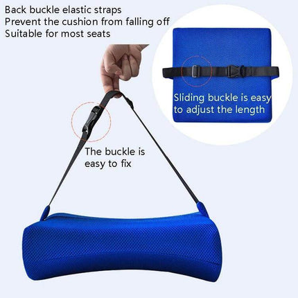 Office Waist Cushion Car Pillow Memory Foam Gel For Home Use showing blue lumbar pillow with adjustable back buckle elastic straps and sliding length-adjustable strap