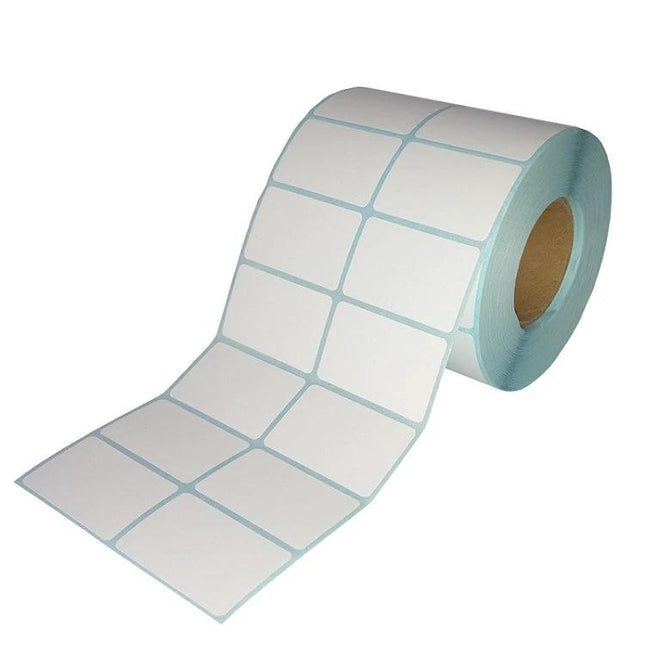 Roll of Waterproof Thermal Paper Barcode Stickers for Shipping Labels showing rectangular white shipping label roll