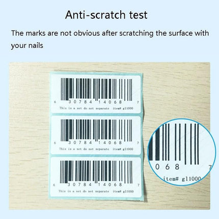 Waterproof Thermal Paper Barcode Stickers for Shipping Labels demonstrating anti-scratch test with clear legible barcodes on wet-resistant labels