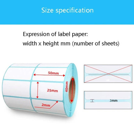 Waterproof Thermal Paper Barcode Stickers for Shipping Labels roll showing 50mmx25mm label dimensions and 40mm core, 2mm gap
