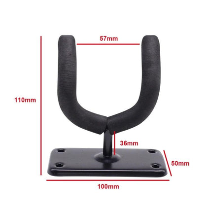 Wall Mounted Hook for Storing Guitars in Home Spaces - black padded wall hanger with dimensions 110x100x57mm