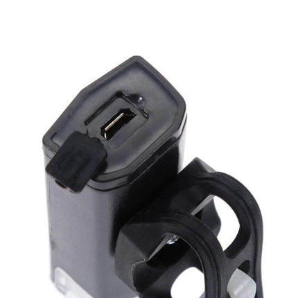 Bicycle Headlight and Taillight Set USB Rechargeable compact black front light with micro USB port and handlebar mount for urban commuting