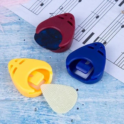 A storage box for keeping guitar picks organized in daily practice - compact heart and triangle pick cases in red, blue, yellow