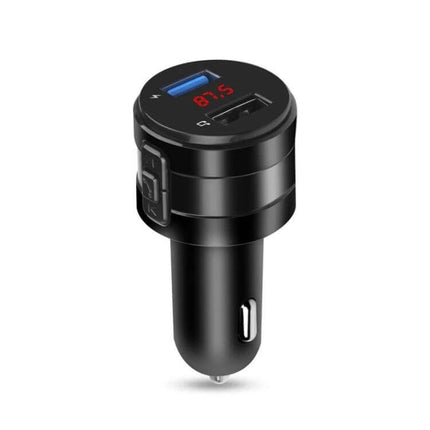 Car Bluetooth Handsfree FM Transmitter and Charger for Music Black plugged into car cigarette lighter with dual USB ports and LED frequency display