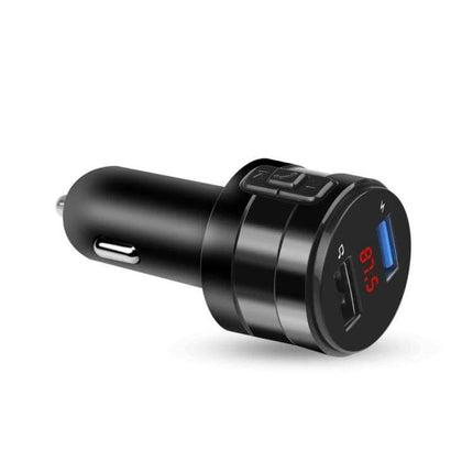 Car Bluetooth Handsfree FM Transmitter and Charger for Music Black plugged into car lighter with USB charging port and FM display