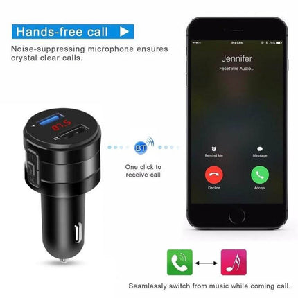 Car Bluetooth Handsfree FM Transmitter and Charger for Music Black showing device plugged into car lighter with phone receiving hands-free call and USB port