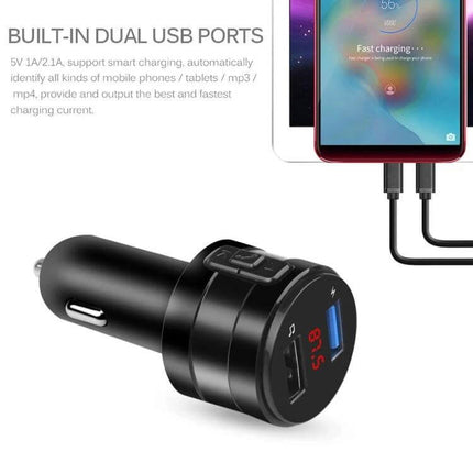 Car Bluetooth Handsfree FM Transmitter and Charger for Music Black showing dual USB ports, LED display and phone charging in car cigarette lighter slot