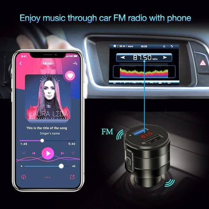 Car Bluetooth Handsfree FM Transmitter and Charger for Music Black plugged into car lighter streaming phone music to FM stereo and charging devices