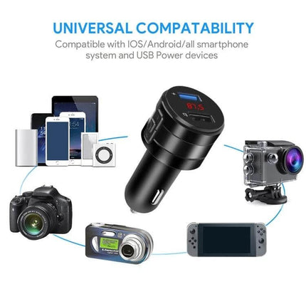 Car Bluetooth Handsfree FM Transmitter and Charger for Music Black shown with smartphones, camera, action cam and game console illustrating universal compatibility