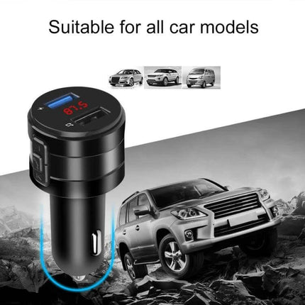 Car Bluetooth Handsfree FM Transmitter and Charger for Music Black plugged into car cigarette lighter with USB display and SUV background