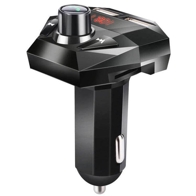 Car Bluetooth Hands Free MP3 Player With FM Transmitter compact black car adapter with knob, USB and TF card slots for music and hands-free calls