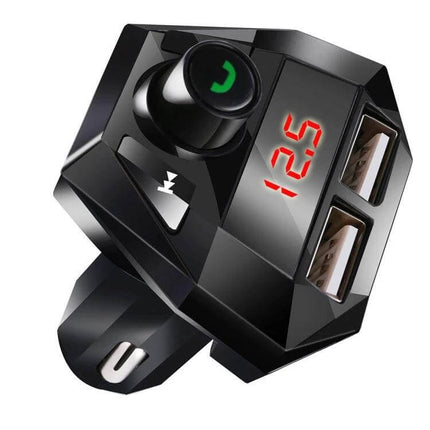 Car Bluetooth Hands Free MP3 Player With FM Transmitter black in-car adapter showing LED frequency display, call button and dual USB ports