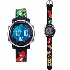 Colorful 3D Cartoon Dinosaur LED Alarm Watch for Kids - Waterproof Electronic Timepiece