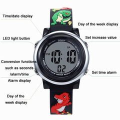 Colorful 3D Cartoon Dinosaur LED Alarm Watch for Kids - Waterproof Electronic Timepiece