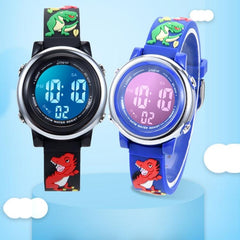 Colorful 3D Cartoon Dinosaur LED Alarm Watch for Kids - Waterproof Electronic Timepiece