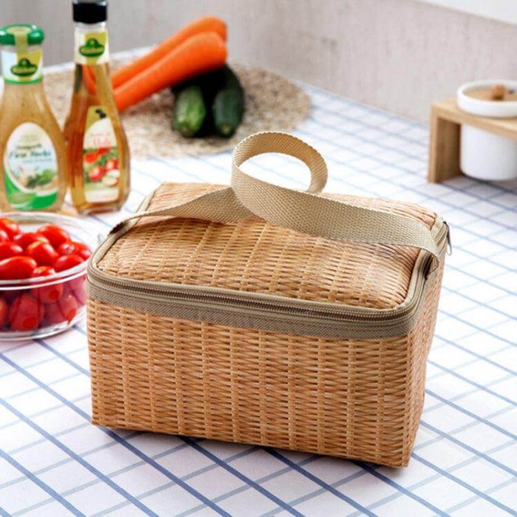 Eco-Friendly Portable Insulated Lunch Bag with Thermal Protection and Imitation Rattan Design