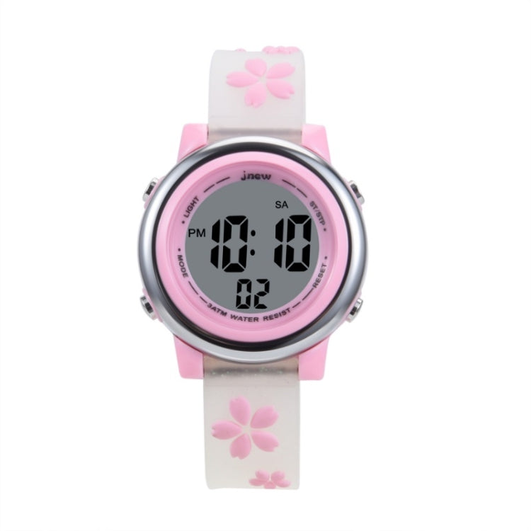 JNEW A380-86195 Reloj electrónico LED colorido con reconocimiento de tiempo a prueba de agua con diseño de flor de cerezo para niños