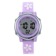 JNEW A380-86195 Montre électronique à LED colorée pour enfants avec motif de dessin animé et fleurs de cerisier