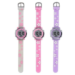 JNEW A380-86195 Montre électronique à LED colorée pour enfants avec motif de dessin animé et fleurs de cerisier