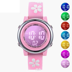 JNEW A380-86195 Montre électronique à LED colorée pour enfants avec motif de dessin animé et fleurs de cerisier