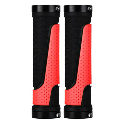 Bicycle Rubber Handlebar Cover Anti Slip For Secure Grip red and black pair with aluminum lock rings, textured rubber and plastic lining, 13cm length
