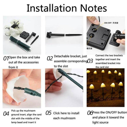 Solar Mushroom Lawn Light Outdoor String Lights 3.8m installation notes showing accessories, detachable bracket, ground stakes, mushroom lamp assembly and on/off solar panel