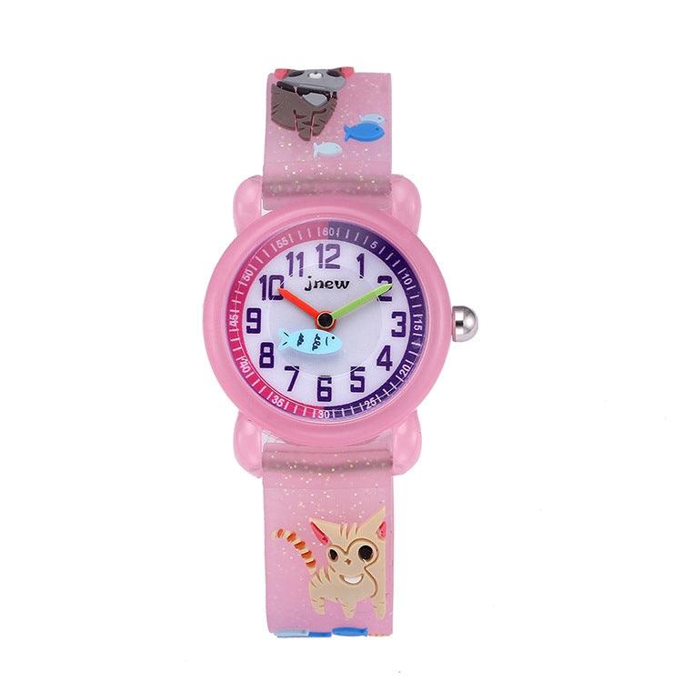 JNEW A335-86264 Kids Cartoon 3D Cat Fishing Silicone Waterproof Quartz Watch