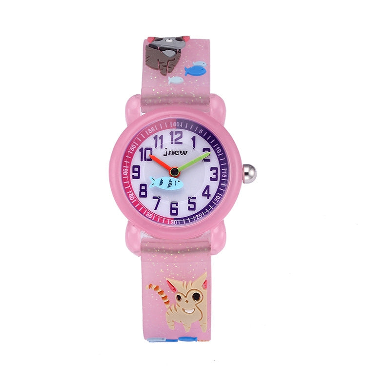 JNEW A335-86264 Children Cartoon 3D Kitten Catching Fish Silicone Waterproof Quartz Watch, Pink, Purple