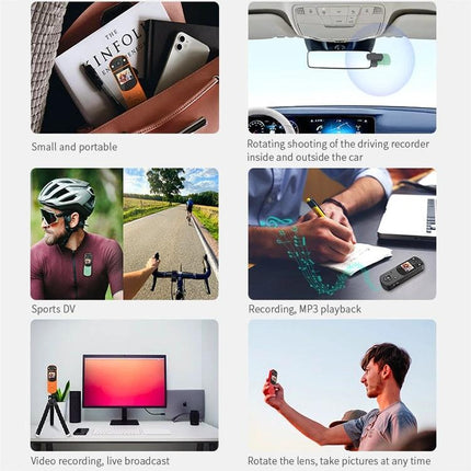 Multi-Function Digital Video Camera for Sports and Recording Sessions shown capturing sports, meetings, car dash and desktop video calls