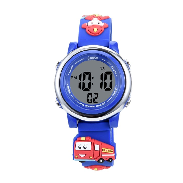 JNEW A380-81447 Reloj electrónico deportivo multifunción impermeable con luz LED para niños con diseño de bombero