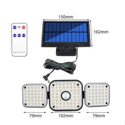 Solar Motion Sensor Courtyard Light for Outdoor Pathway - solar panel with remote and three LED panels showing dimensions, weatherproof outdoor pathway lighting