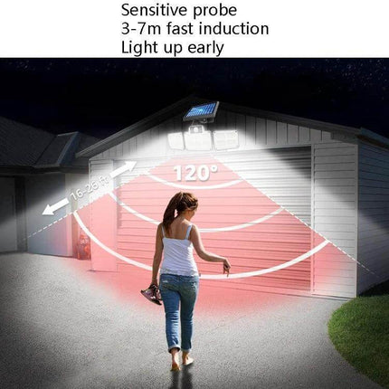 Solar Motion Sensor Courtyard Light for Outdoor Pathway showing motion-activated 120° coverage lighting a driveway at night