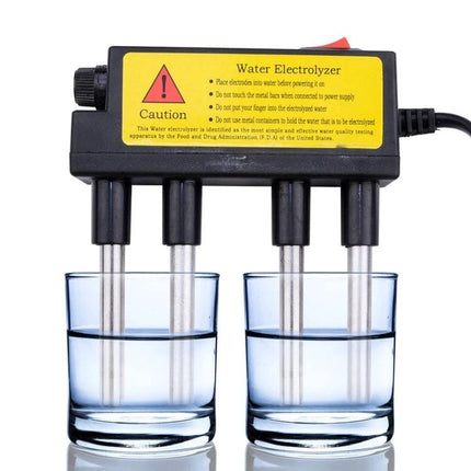 Household Electrolysis Water Quality Tester for Purity Checks showing electrolytic rod with iron and aluminum probes in two glasses of tap water