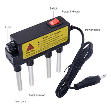 Household Electrolysis Water Quality Tester for Purity Checks showing electrolytic rod with iron and aluminum electrodes, power switch and cable