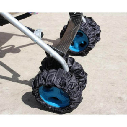 Baby Wheel Cover For Stroller Wheels, Medium Size Keeps Wheels Clean - black polyester cover on stroller wheels with hook-and-loop strap