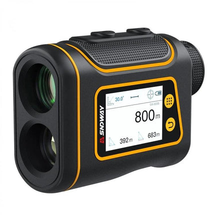 SNDWAY Rangefinder for Golf and Outdoor Distance Measurement – compact black-yellow device showing 800m reading for golfing and hiking use