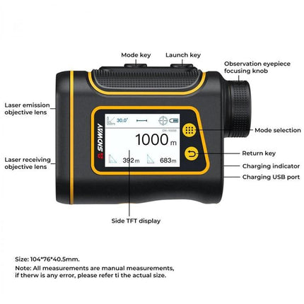SNDWAY Rangefinder for Golf and Outdoor Distance Measurement with labeled buttons and TFT display showing 1000m