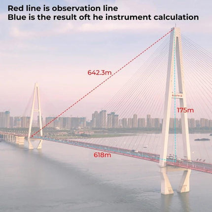 SNDWAY Rangefinder for Golf and Outdoor Distance Measurement showing bridge distances labeled 642.3m, 618m and 175m with red observation line
