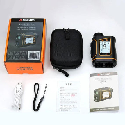 SNDWAY Rangefinder for Golf and Outdoor Distance Measurement - product kit with device, case, box, manual, USB cable