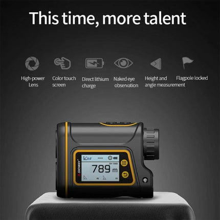 SNDWAY Rangefinder for Golf and Outdoor Distance Measurement black and yellow unit showing 789m screen and feature icons