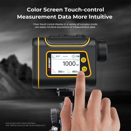 SNDWAY Rangefinder for Golf and Outdoor Distance Measurement - touchscreen display showing 1000m reading on tripod