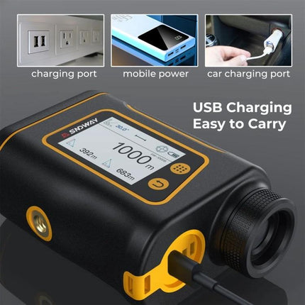 SNDWAY Rangefinder for Golf and Outdoor Distance Measurement showing USB charging, display and portable design