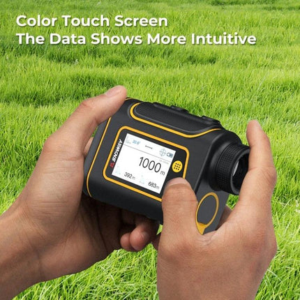 SNDWAY Rangefinder for Golf and Outdoor Distance Measurement in hands showing color touch screen displaying 1000m reading