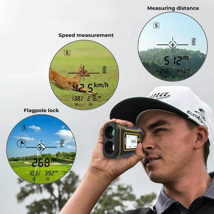 SNDWAY Rangefinder for Golf and Outdoor Distance Measurement handheld view showing flagpole lock, speed and distance readouts