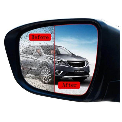 Set of 2 Rainproof Anti-Fog Films for Car Rearview Mirrors showing before (wet/foggy) and after (clear) view to improve visibility