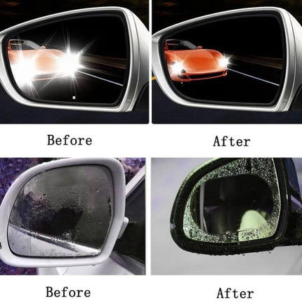 Set of 2 Rainproof Anti-Fog Films for Car Rearview Mirrors showing before and after clearer, rainproof, anti-fog rearview mirror visibility